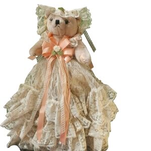 Rare 1980 Vintage Lace Teddy Bear with Cream Wedding Dress Hat Pearl Accents